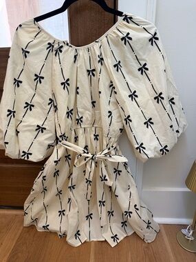 Hayden Cream Dress with Black Bow Print and Waist Tie